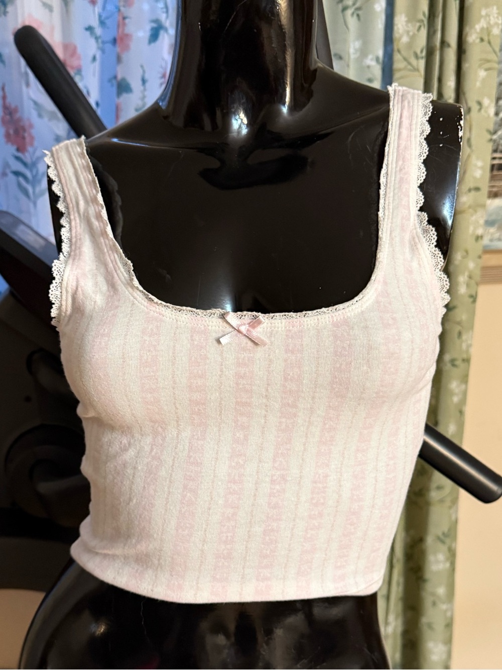 Pink Ribbed Lace-Trim Tank Top
